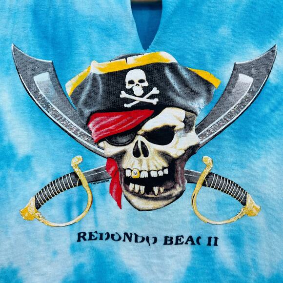 VINTAGE 90s Pro West SMALL Redondo Beach Pirate Skull Blue Tie Dye Crop Top - Picture 5 of 8